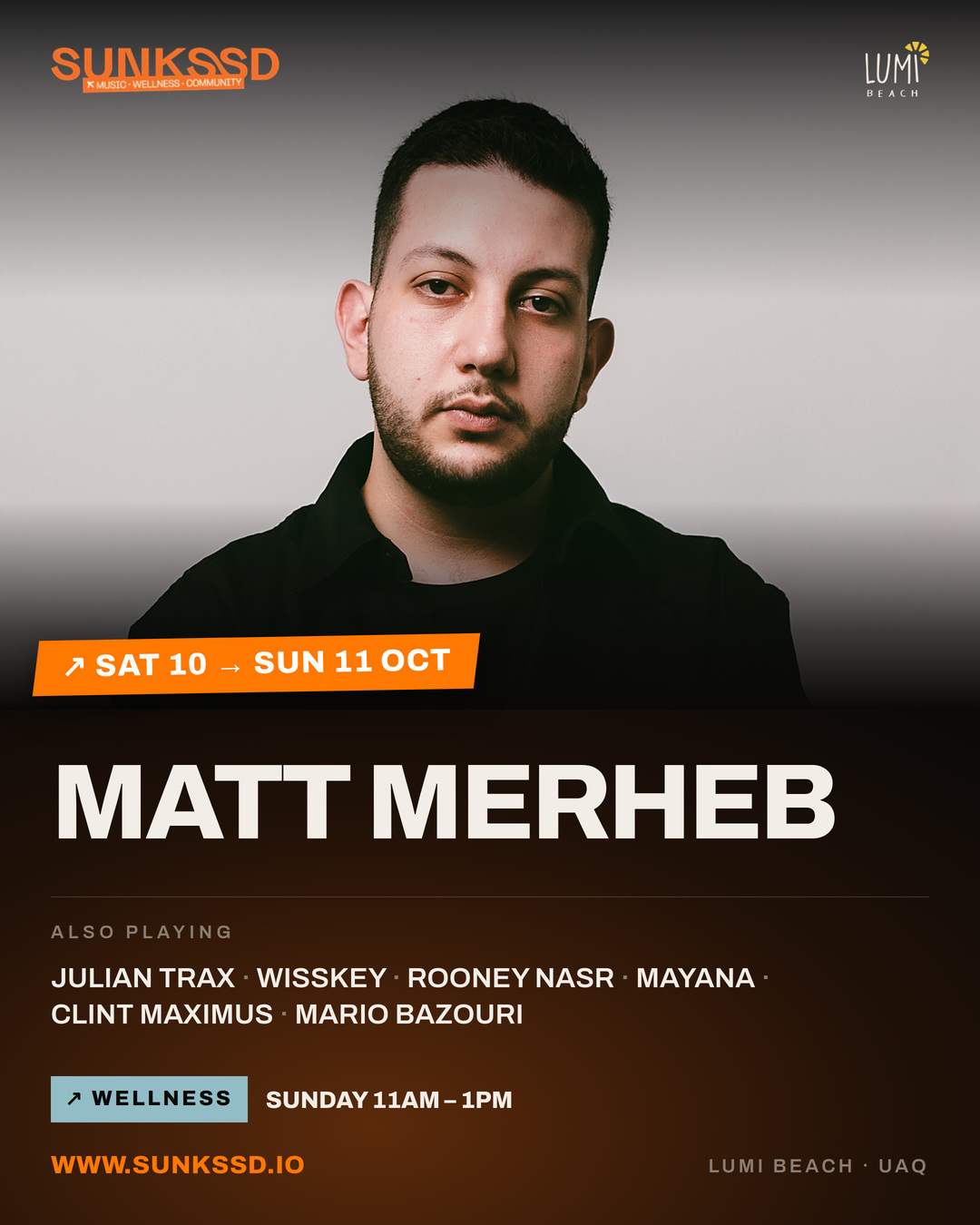 SUNKSSD flyer for the Oct 10–11 weekend headlined by Matt Merheb at Lumi Beach