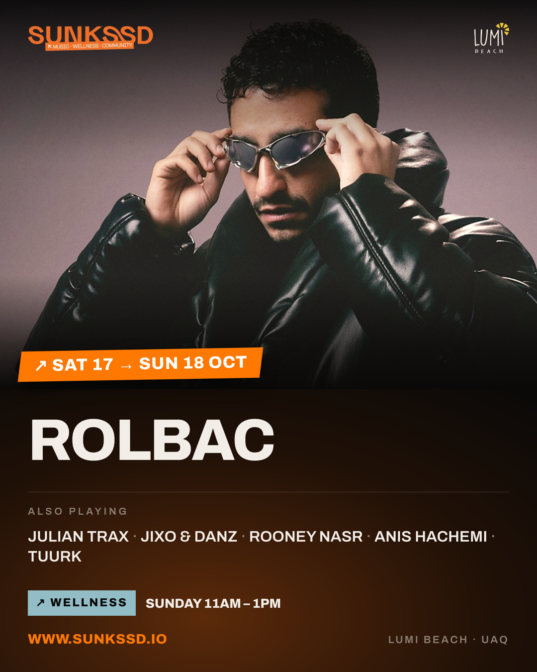 SUNKSSD flyer for the Oct 17–18 weekend headlined by Rolbac at Lumi Beach