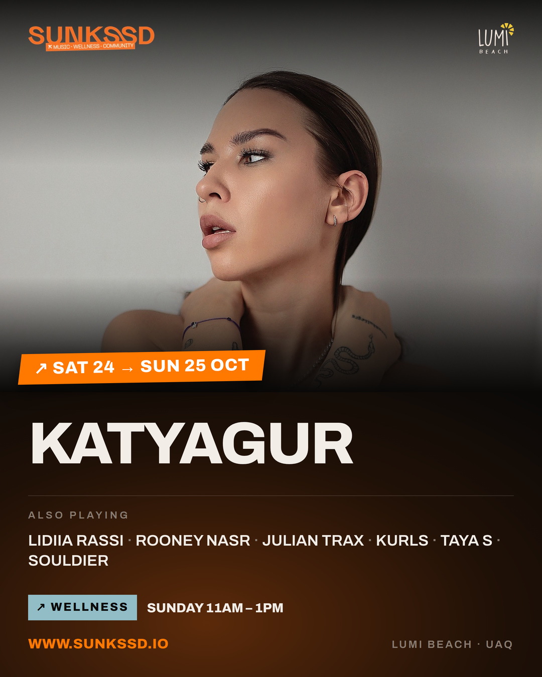 SUNKSSD flyer for the Oct 24–25 weekend headlined by Katyagur at Lumi Beach